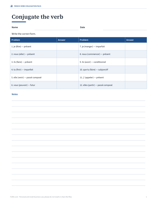 Preview of Printable French Verb Conjugation Practice